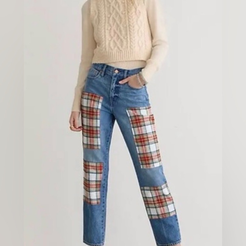 J.Crew High-rise '90s classic straight jean with Snowy Stewart tartan patches.